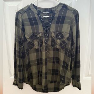 Express Women's Green and Black Plaid Lace-Up Shirt